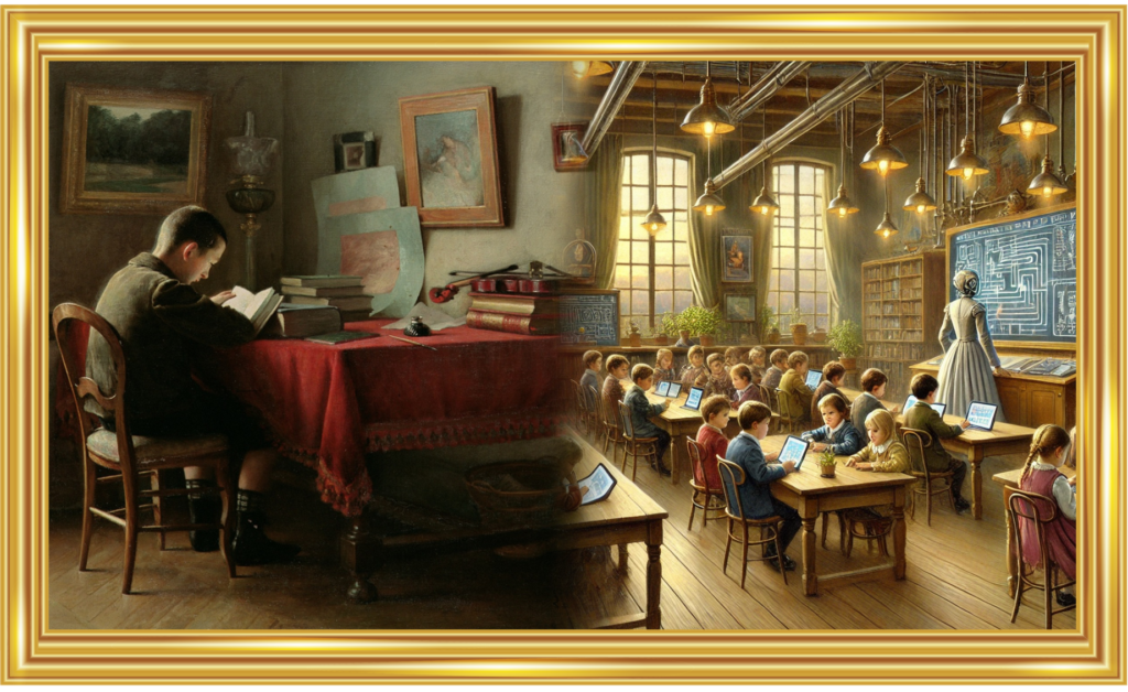 Framing the Future: On the left, a 19th-century painting by Guillaume Larrue, L'écolier Studieux, depicting a child studying in the available daylight, transitions into a futuristic scene on the right where children learn from an AI-powered robot, symbolizing the evolution of education from traditional to high-tech learning environments