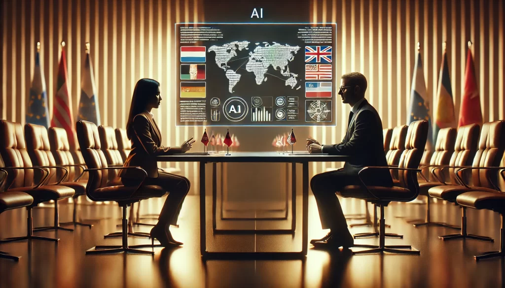 Imagined diplomatic negotiation scene where two representatives sit across from each other at a table, with an AI-powered display providing real-time geopolitical data, language translation, and cultural insights, symbolizing the integration of AI into modern diplomacy and international relations