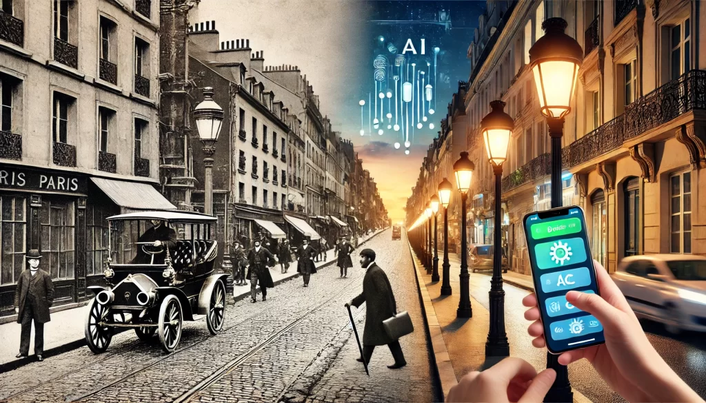 Composite image showing an early 20th-century Paris street with vintage cars and pedestrians on the left, merging into a modern Paris street with AI-powered technology on the right, symbolizing the evolution of urban life and technology from the past to the present