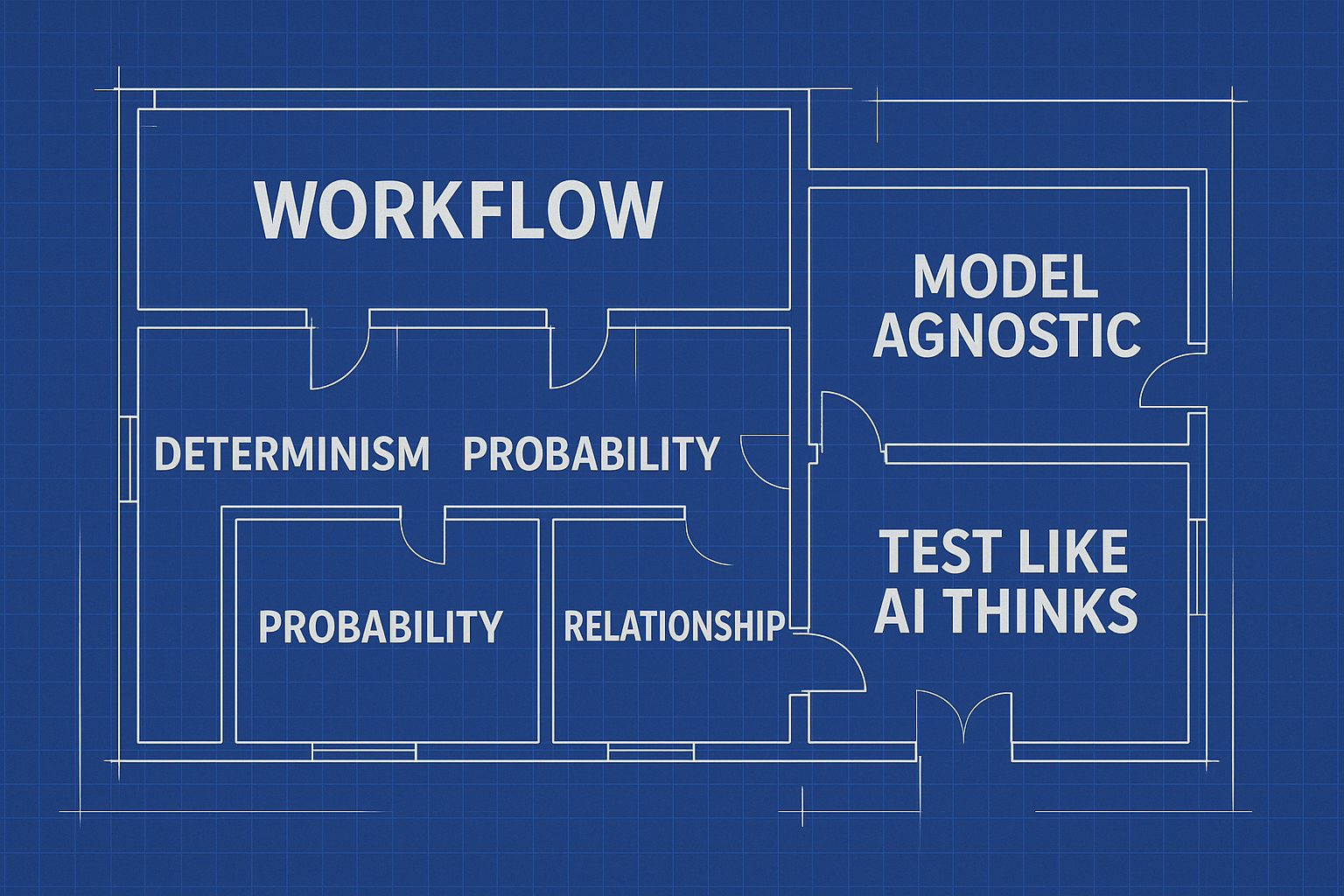Blueprint-style diagram illustrating 'How to Architect an AI-First Platform,' with three central rooms labeled Determinism, Probability, and Relationship — representing workflow segmentation — and two adjoining rooms labeled Model Agnostic and Test Like AI Thinks, all interconnected with architectural blueprint lines and open doorways.