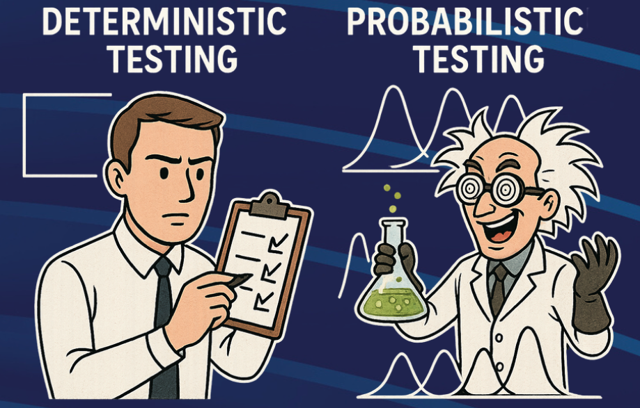 Cartoon comparison of deterministic vs. probabilistic testing — a checklist-holding engineer contrasted with a mad scientist and bell curves — illustrating testing mindsets in How to Architect an AI-First Platform.