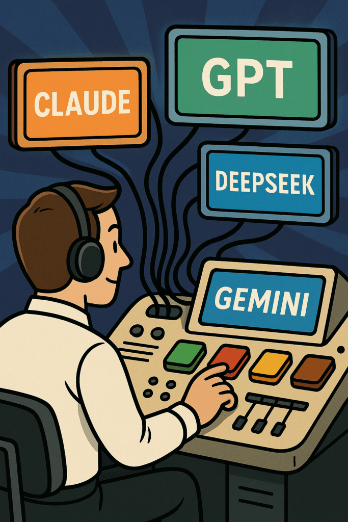Cartoon of an operator at a mission control dashboard routing tasks to different AI models — Claude, GPT, DeepSeek, and Gemini — illustrating model flexibility in How to Architect an AI-First Platform.