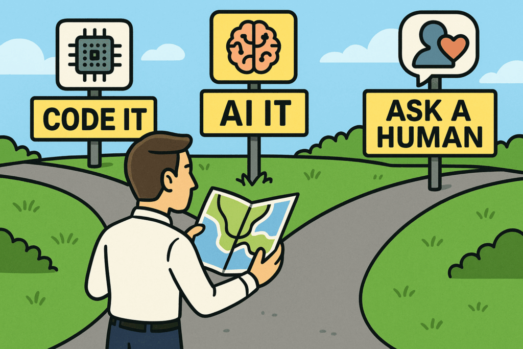 Cartoon of a man at a three-way fork in the road with signs labeled “Code It,” “AI It,” and “Ask a Human,” symbolizing the decision-making framework in How to Architect an AI-First Platform.